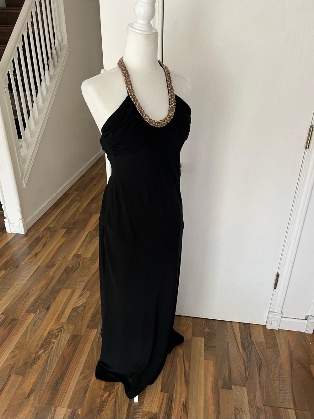 Vintage, Morgan & Co. Black Halter Maxi Dress with Beaded Neckline Accent, 7/8